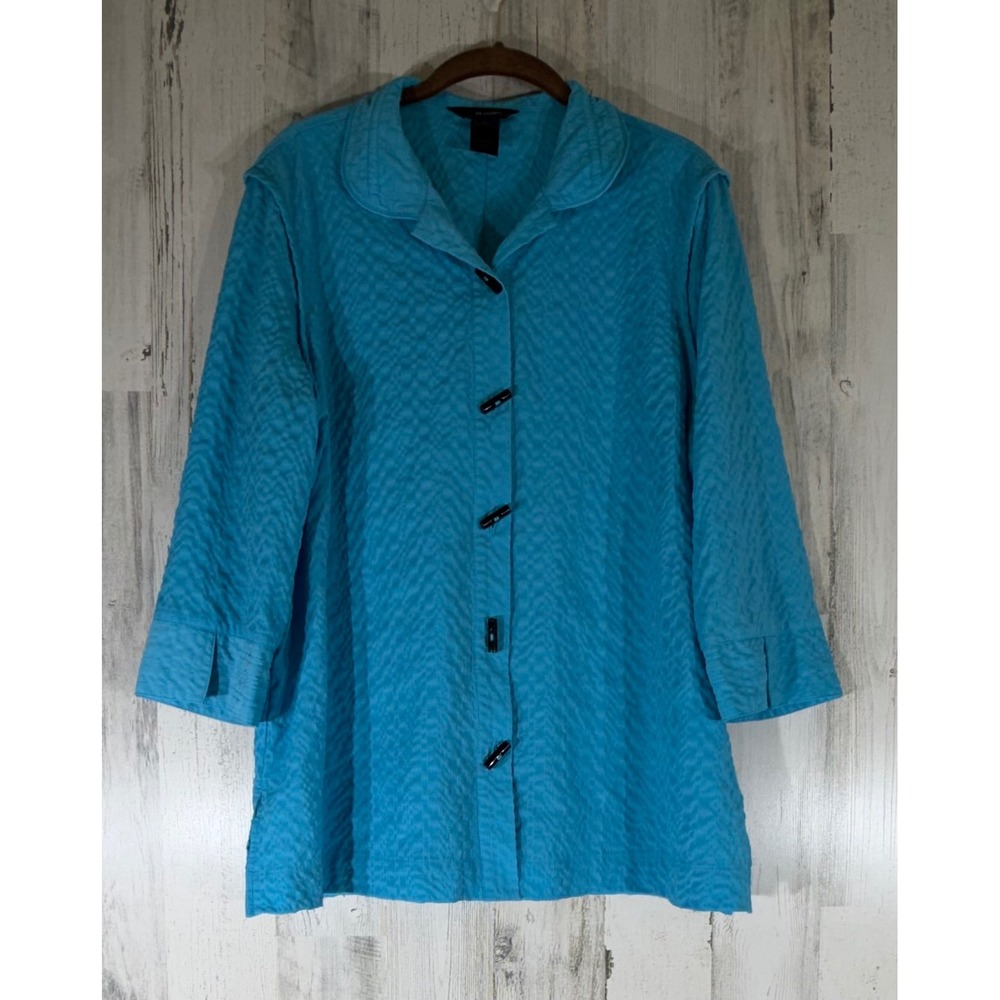 Ali Miles Button Up Top Large Turquoise Blue Textured Toggle 3/4 Sleeve Artsy